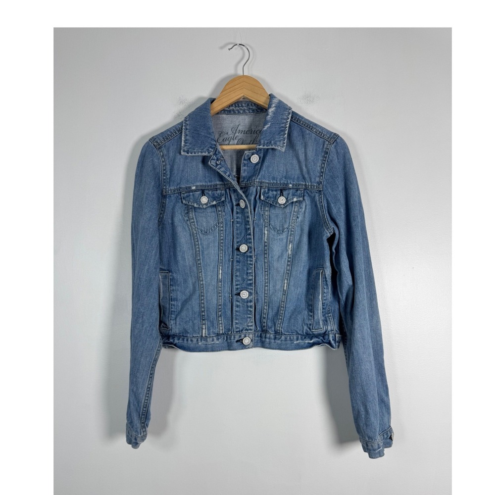 Boho American Eagle Womens S Denim Trucker Jacket Blue Distressed Cotton